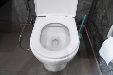 White hanging toilet seat on white toilet in the home bathroom with grey tiles in concrete style and toilet paper on the wall. Bathroom luxury interior.の写真素材