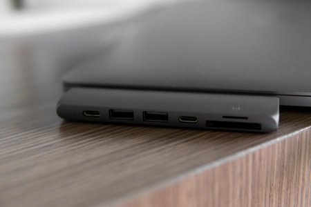 The USB adapter under the Type-C connector for laptop. Multiport station for laptop with multiple...