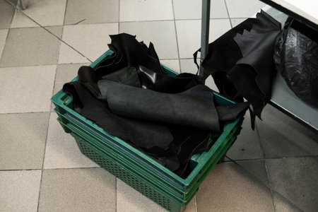 Different pieces of leather in a plastic box. Raw materials for manufacture of bags, shoes, clothing...