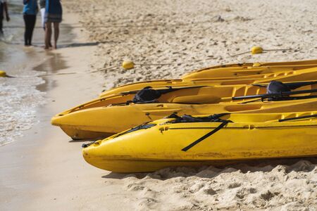 A row of colorful yellow kayaks on a sandy beach ready for paddlers in sunny day. Several yellow recreational boats on the sand. Active tourism and water recreation.の写真素材