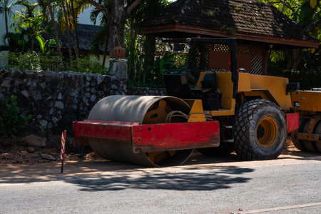 Road rollers working on the new roads construction site. Heavy duty machinery working on highway....
