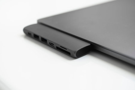 The USB adapter under the Type-C connector for laptop. Multiport station for laptop with multiple...