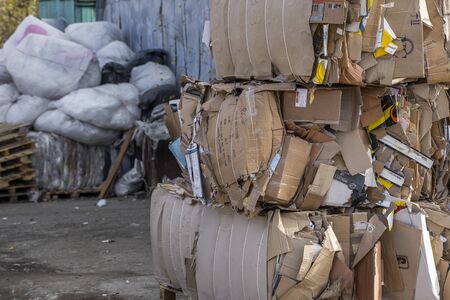 Bales of cardboard and box board with strapping wire ties. Background of paper textures piled ready to recycle.のeditorial素材