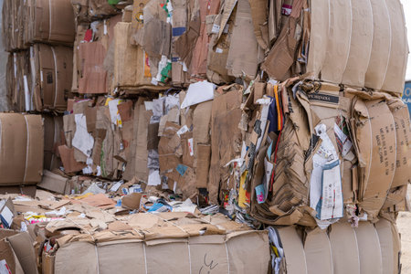 Bales of cardboard and box board with strapping wire ties. Background of paper textures piled ready...