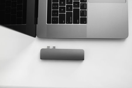 The USB adapter under the Type-C connector for laptop. Multiport station for laptop with multiple...