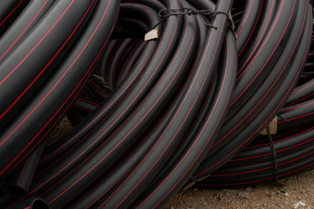 Black rubber or plastic pipes with a red lines as a construction material and equipment at building...