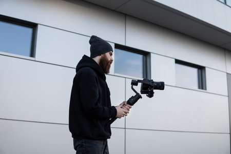 Bearded Professional videographer in black hoodie holding professional camera on 3-axis gimbal...