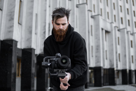 Bearded Professional videographer in black hoodie holding professional camera on 3-axis gimbal...