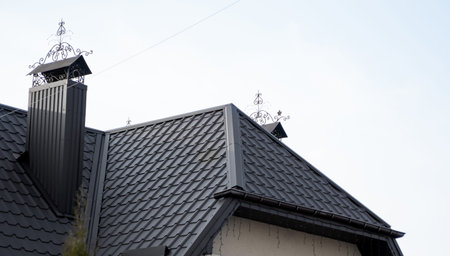 Black metal tile roof. Roof metal sheets. Modern types of roofing materials. Roof of the house,...