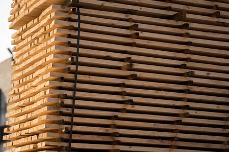 Warehouse for sawing boards on a sawmill outdoors. Timber mill, sawmill. Storage of planed wooden boards. Piles of wooden boards in the sawmill. Planking. Industryの写真素材