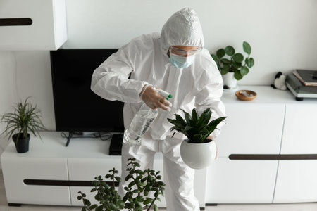Man in protective suit, medical mask and rubber gloves is care about plants with a sprayer at his...