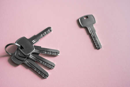 Door key lies on pink background. Set of keys. Bunch of keys. House key. New house concept. Rental and Selling.の写真素材