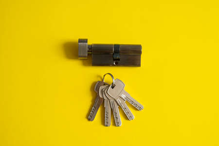 A door lock cylinder core with keys on the yellow background. The cylinder of the lock with keys. Installing a new lock on the door. Spare parts for the door.の写真素材
