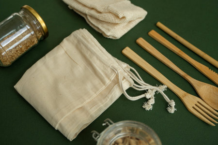 Zero waste kit. Set of eco friendly bamboo cutlery, mesh cotton bags, bamboo toothbrush, glass jars...