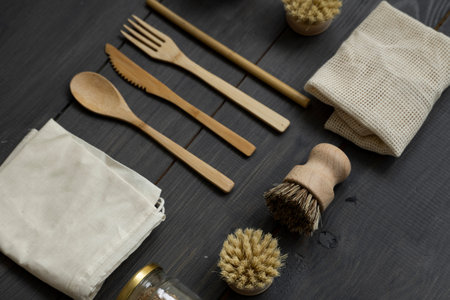 Zero waste kit. Set of eco friendly bamboo cutlery and cleaning brushes, mesh cotton bags and glass...