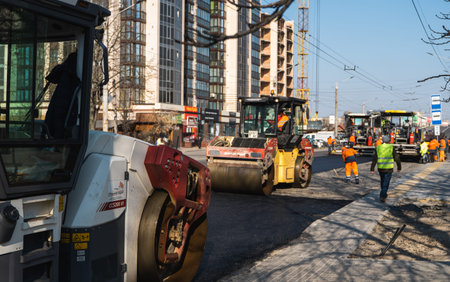 KYIV, UKRAINE - September 10, 2020: Heavy asphalt road roller with heavy vibration roller compactor...