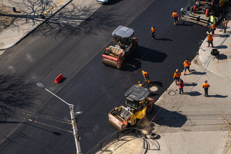 KYIV, UKRAINE - September 10, 2020: Heavy asphalt road roller with heavy vibration roller compactor...