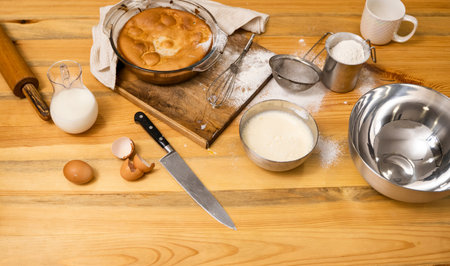 Tasty apple pie on a oaken wood table with a ingredients. Cooking a delicious apple pie on a kitchen...