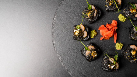 Sushi roll with nori, black rice, crab meat, cucumber, avocado, smoked salmon mousse, oar caviar, masago, shrimp cocktail and edible gold leaf with red ginger and wasabi on black table and background.の写真素材
