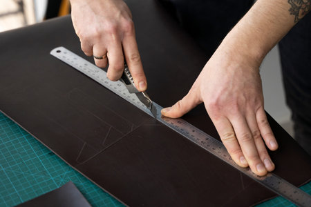 Mens hand holding a stationery knife and metal ruler and cutting on a pieces for a leather wallet in...