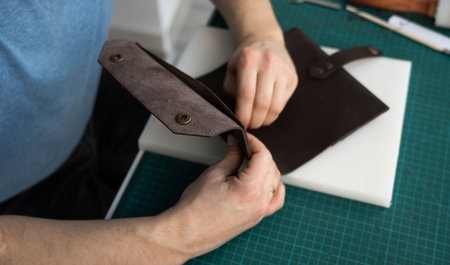Mens hand working on the leather wallet in his workshop. Working process with a brown natural...