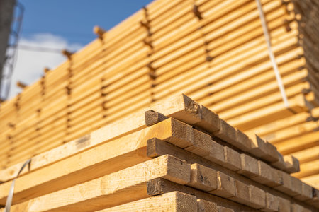 Storage of piles of wooden boards on the sawmill. Boards are stacked in a carpentry shop. Sawing...