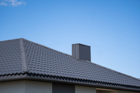 Brown corrugated metal profile roof installed on a modern house. The roof of corrugated sheet. Roofing of metal profile wavy shape. Modern roof made of metal. Metal roofing.の素材 [FY310169418059]