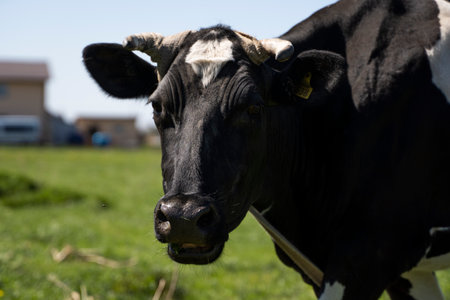 Black and white cow stares at you on a summer pasture eats a grass.の写真素材