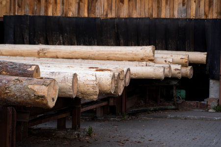Storage of piles of wooden boards on the sawmill. Sawing drying and marketing of wood. Pine lumber for furniture production, construction. Lumber Industry.の写真素材