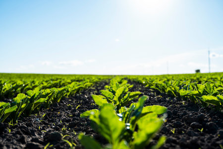Straight rows of sugar beets growing in a soil in perspective on an agricultural field. Sugar beet...