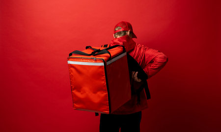 Delivery man in red uniform with a thermal backpack isolated on a white background. Fast home...