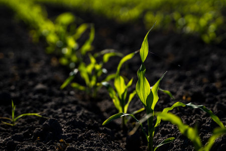 Rows of sunlit young corn plants on a field.