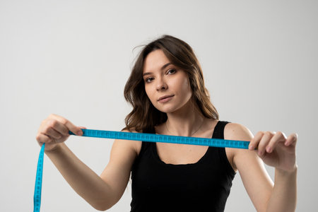 Brunette woman with slim body in black top on a diet looking in a camer and showing a blue centimeter tape. Healthy lifestyles concept. Sport and diet.の写真素材