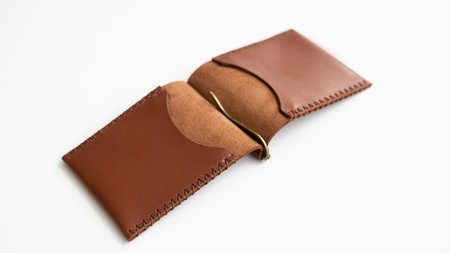 Open orange mens money clip handmade leather wallet. Empty money clip wallet with a two pockets for...