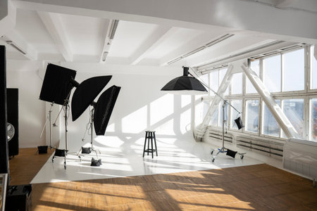 Professional lighting equipment, flashes, c-stands on a cyclorama in modern photo studio with a huge windows. Octabox, stripbox, softbox, buety plate and other stuff for photography.の写真素材