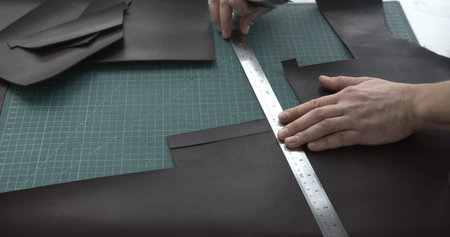 Top view leather craftsman working with brown natural leather work with knife and metal ruler and...