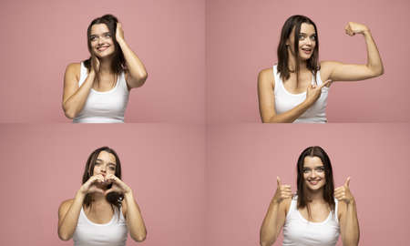 Set of young girl posing with many different facial expressions on pink background. Collage with emotions.の写真素材