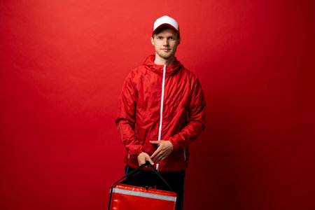 Delivery Service Concept. Portrait of confident smiling male courier wearing red uniform and thermo...