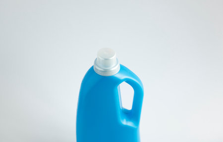 Blue plastic liquid detergent bottle isolated on white background. Laundry container, merchandise template. Product design. Mock up.の写真素材