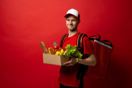 Delivery male employee in a red uniform holds paper cardboard package with organic groceries, fruits on a red background. Products delivery from shop or restaurant to home. Courier service.の写真素材