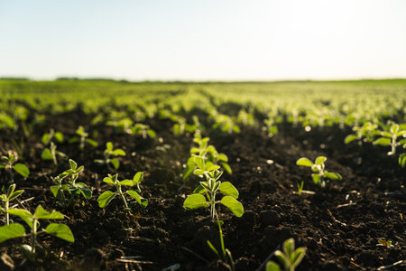 A field of young soybeans against a clean sky against the sun. Landscape with green soybean growing on a cultivated field.の写真素材