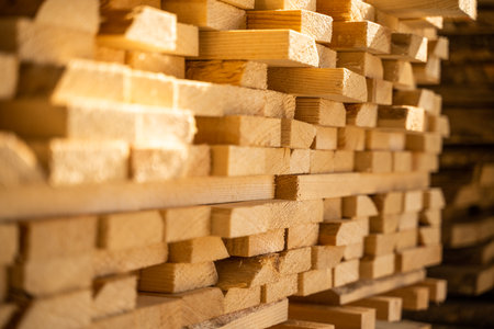 Wooden planks and beams at a indoor lumber warehouse. Stacks with pine lumber. Folded edged board. Wood harvesting shop.の写真素材