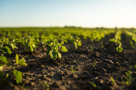 Young soybean plants growing in a soil on a field. Agricultural scene, landscape.の写真素材