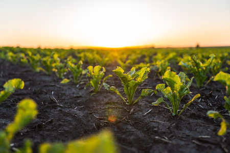 Close up Beetroot plants growing in the vegetable garden, field, plantation in a sunset. Beetroot leaf in farming and harvesting. Cultivation of the sugar beet.の写真素材