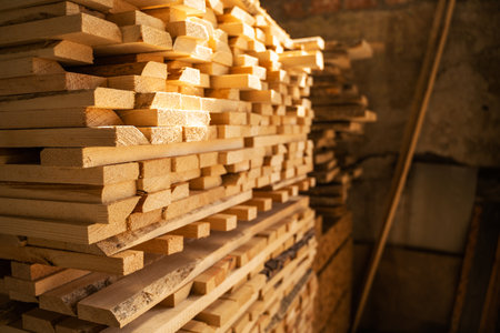 Dry wooden planks stacked inside workshopの写真素材