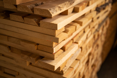 Close-up of timber planks prepared for useの写真素材