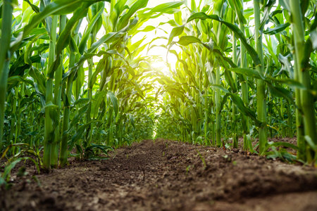 Low-angle view through tall corn rowsの写真素材