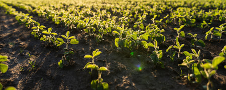 Close-up of healthy young soybean plants growing in cultivated soil at sunset lightの写真素材