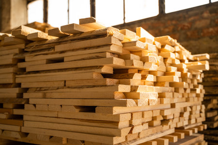Sunlit stack of timber boards in industrial interior spaceの写真素材