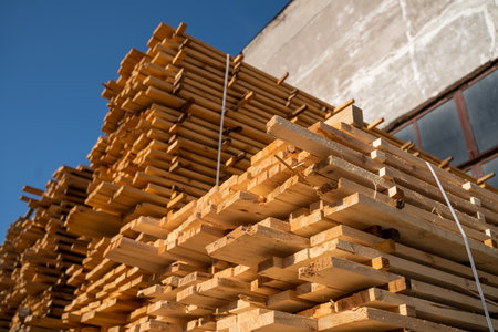 Timber planks stacked near brick wall drying in open airの写真素材